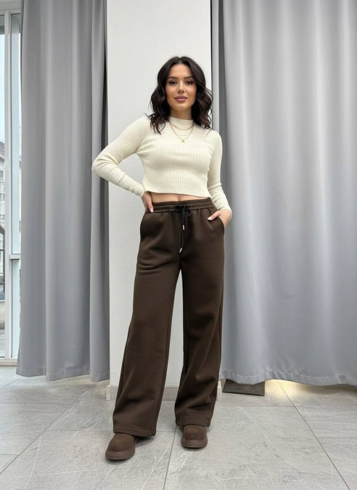 Брюки прямого кроя на кулиске утеплённые велюром 72460990\1013